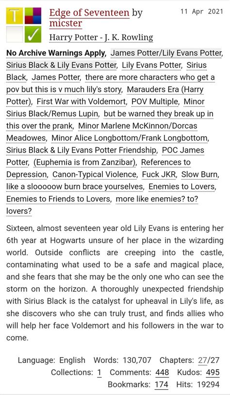 All Time Favourite Jily Fics : r/HPfanfiction .